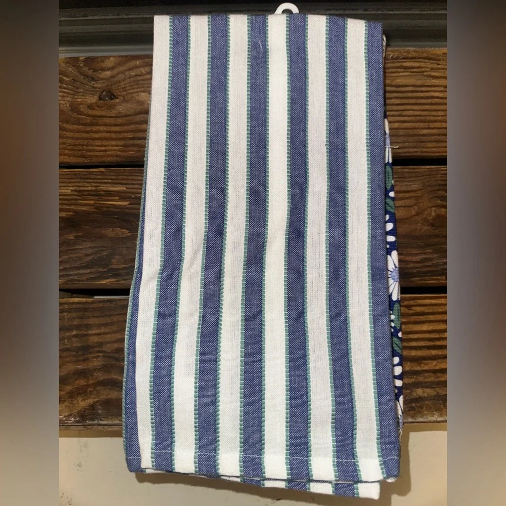 Blue Daisies Floral and Striped Kitchen Towels New